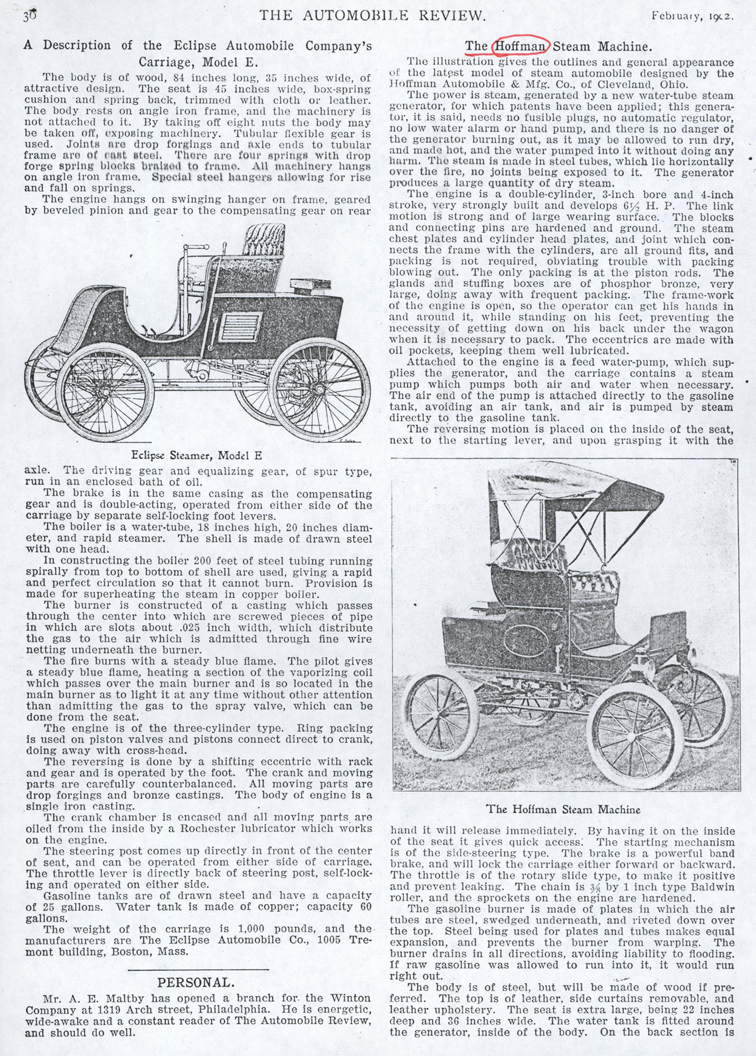 Eclipse Automobile Company, Automobile Review, February 1902, P, 36, Photocopy, Conde Collection.