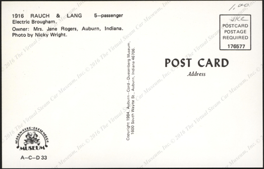 Raunch and Lang Electric Car Postcard , Reverse