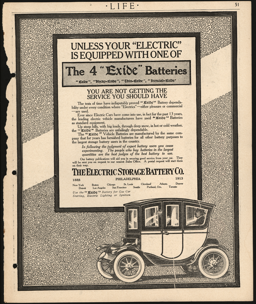 Electric Storage Battery Company, Life Magazine, ca: 1910, p. 51.