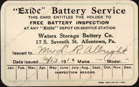 Electric Storage Battery Company, Exide Battery, June 13, 1916 Battery Inspection Card