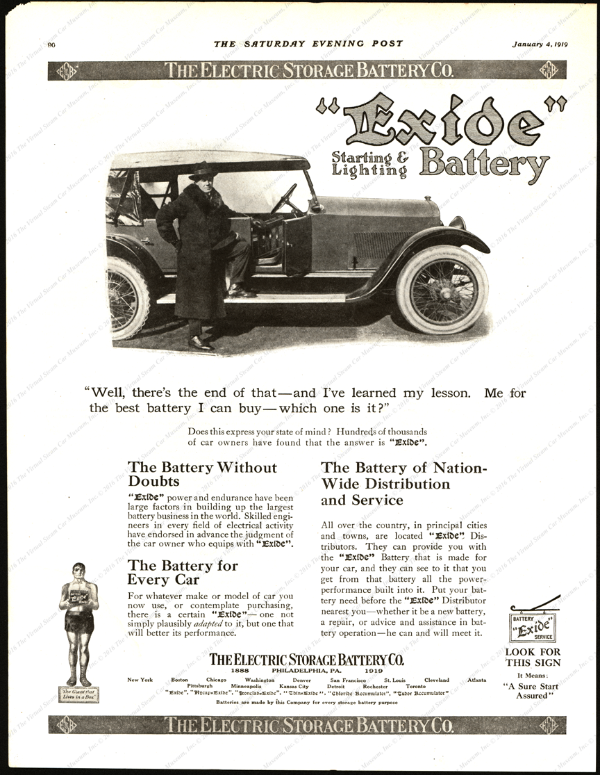 Electric Storage Battery Company, Exide Battery, January 4, 1919, Saturday Evening Post Magazine Advertisement, P. 90