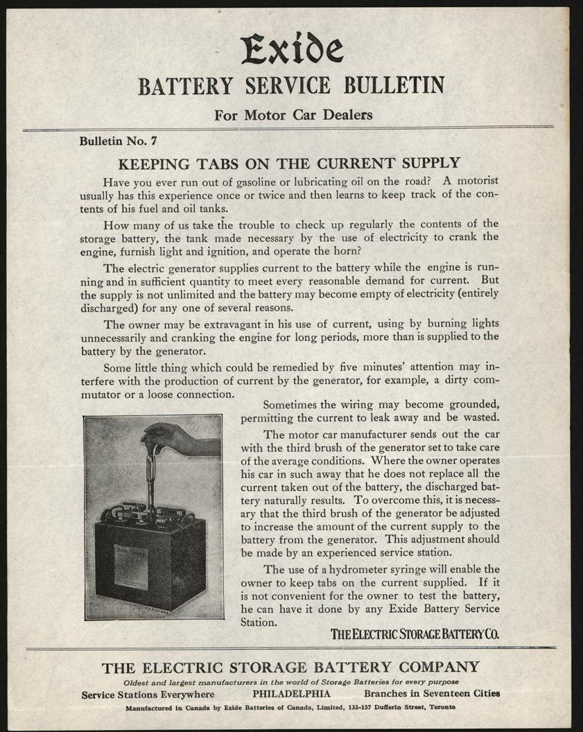 Electric Storage Battery Company, Bulletin No. 7, ca: 1920 - 1925.