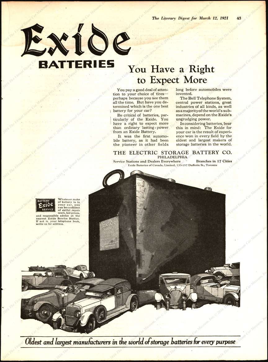 Electric Storage Battery Company, Exide Battery,  March 12, 1921, Literary Digest Advertisement, P. 43.