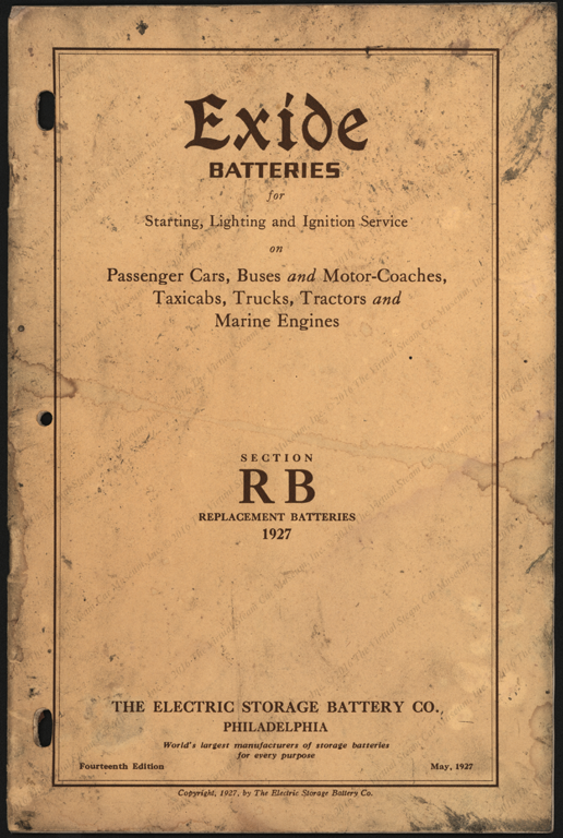 Electric Storage Battery Company, Trade Catalogue for EXIDE Batteries, Stanley Steam Car Listed 1927