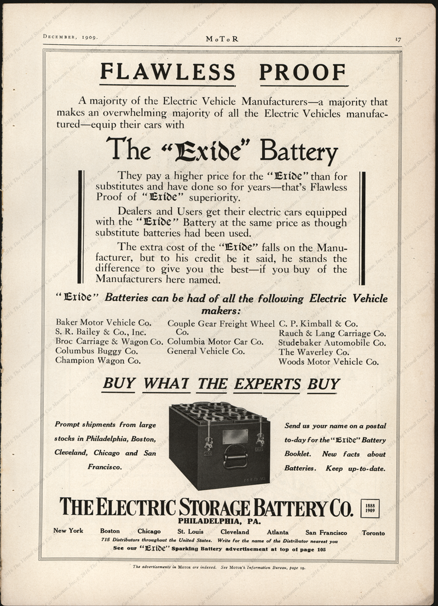 Electric Storage Battery Company, December 1909, Motor Magazine, page 17, advertisement