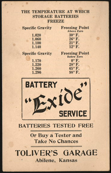 Exide Battery Trade Catalogue, Toliver's  Garage, Abilene, KS