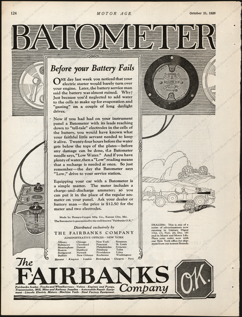 Fairbanks Company, Batometer Electric Gauge, Motor Age, October 21, 1920