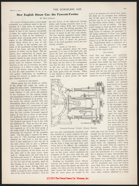 Fawcett-Fowler Steam Car, The Horseless Age, March 6, 1907, Vol. 19, No. 10, p. 323