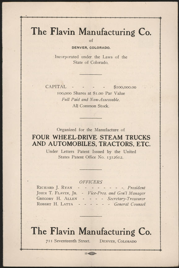 Flavin Manufacturing Company, Denver, CO, Four Wheel Drive Steam Trucks, Trade Catalogue