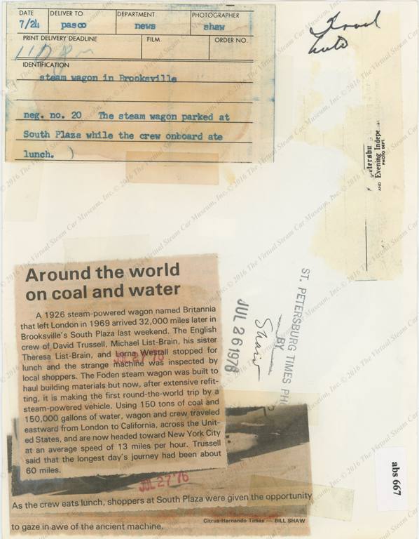 Edwin Foden, Sons & Company, Press Photograph, 1925, July 24, 1969 around the world tour press photograph