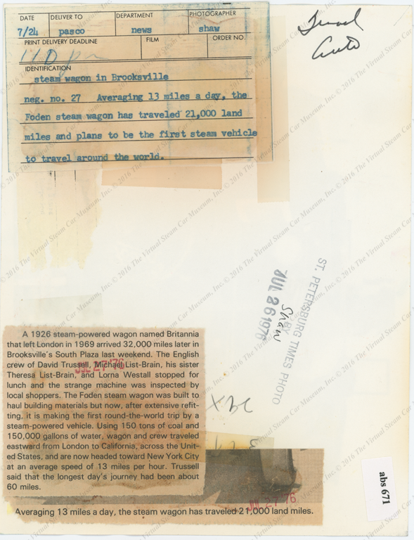 Edwin Foden, Sons & Company, Press Photograph, 1925, July 24, 1969 around the world tour press photograph