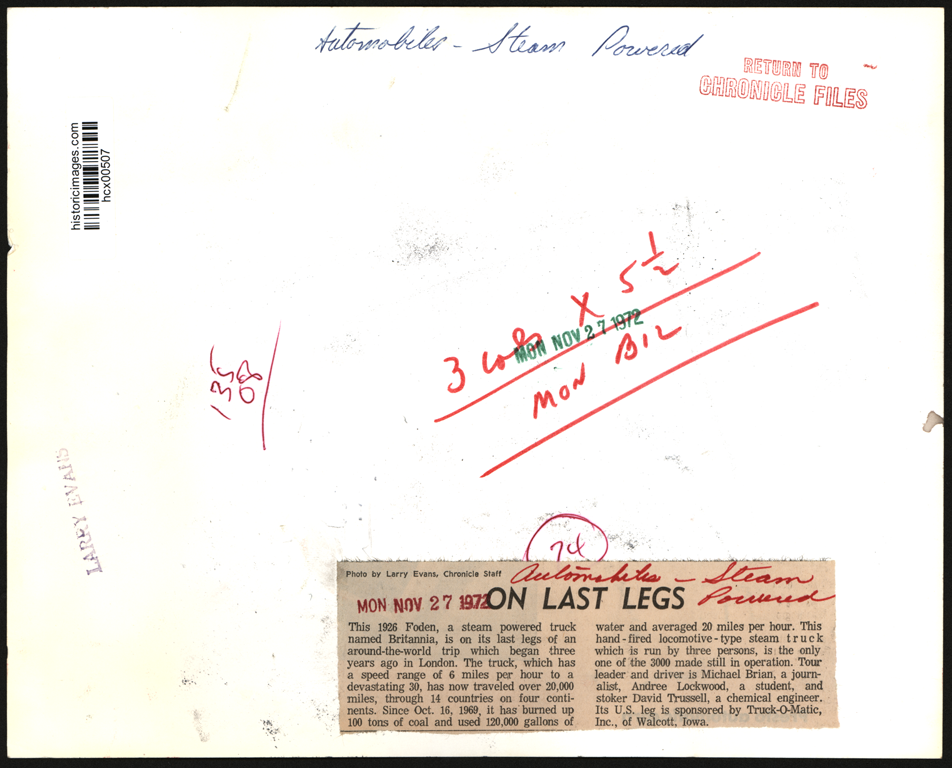 Foden Steam Wagon, November 27, 1972, Wolcott, IA, Truck-O-Matic, Press Photograph,  Reverse