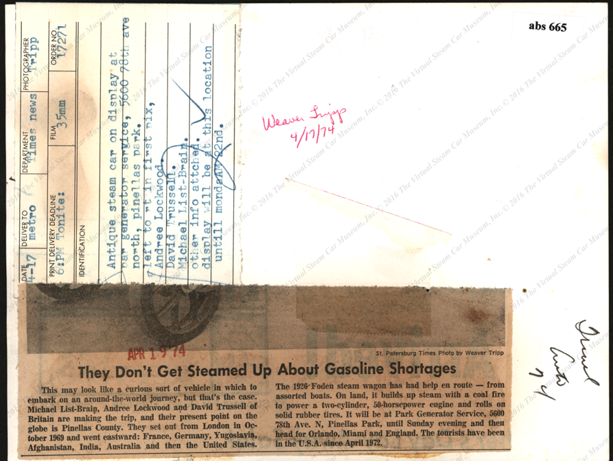 Foden Steam Wagon, Press Photograph, St. Petersburg Times, April 17, 1974 , Reverse