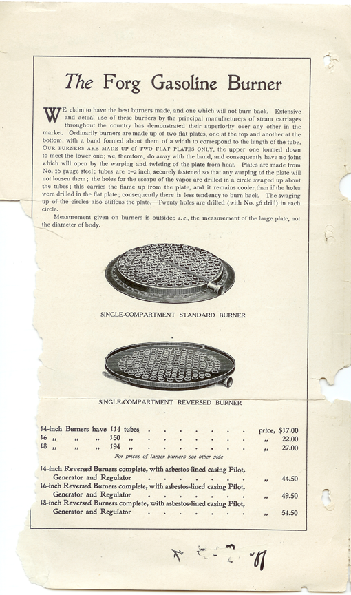 Peter Forg, Gasoline Burner for Steam Cars, May 6, 1906, Trade Catalogue p. 2