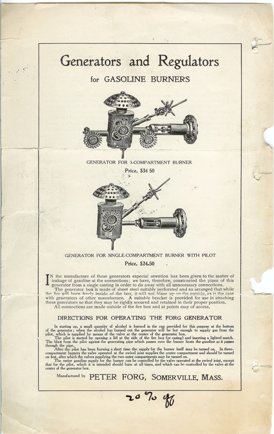 Peter Forg, Gasoline Burner for Steam Cars, May 6, 1906, Trade Catalogue p. 4