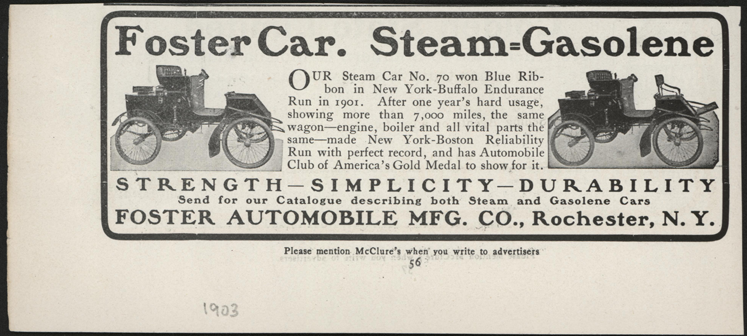 Foster Automobile Manufacturing COmpany, Rochester, NY, 1903 McClure's Magazine Advertisement, p. 56, John A. Conde Collectionf