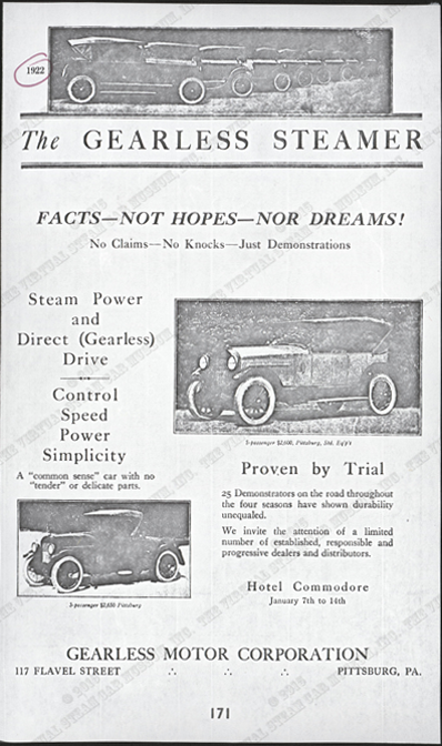 Gearless Motor Corporation 1922 Advertisement Photocopy from Floyd Clymer, Conde Collection.