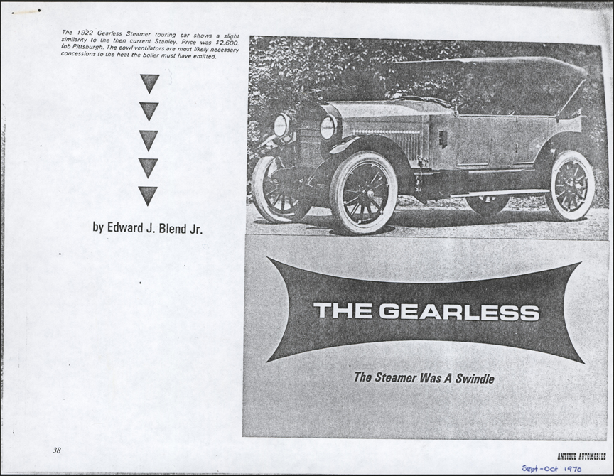 Gearless Motor Corporation Article by Edward Blend, Antique Automobile, September/October 1970, Photocopy, Conde Collection.