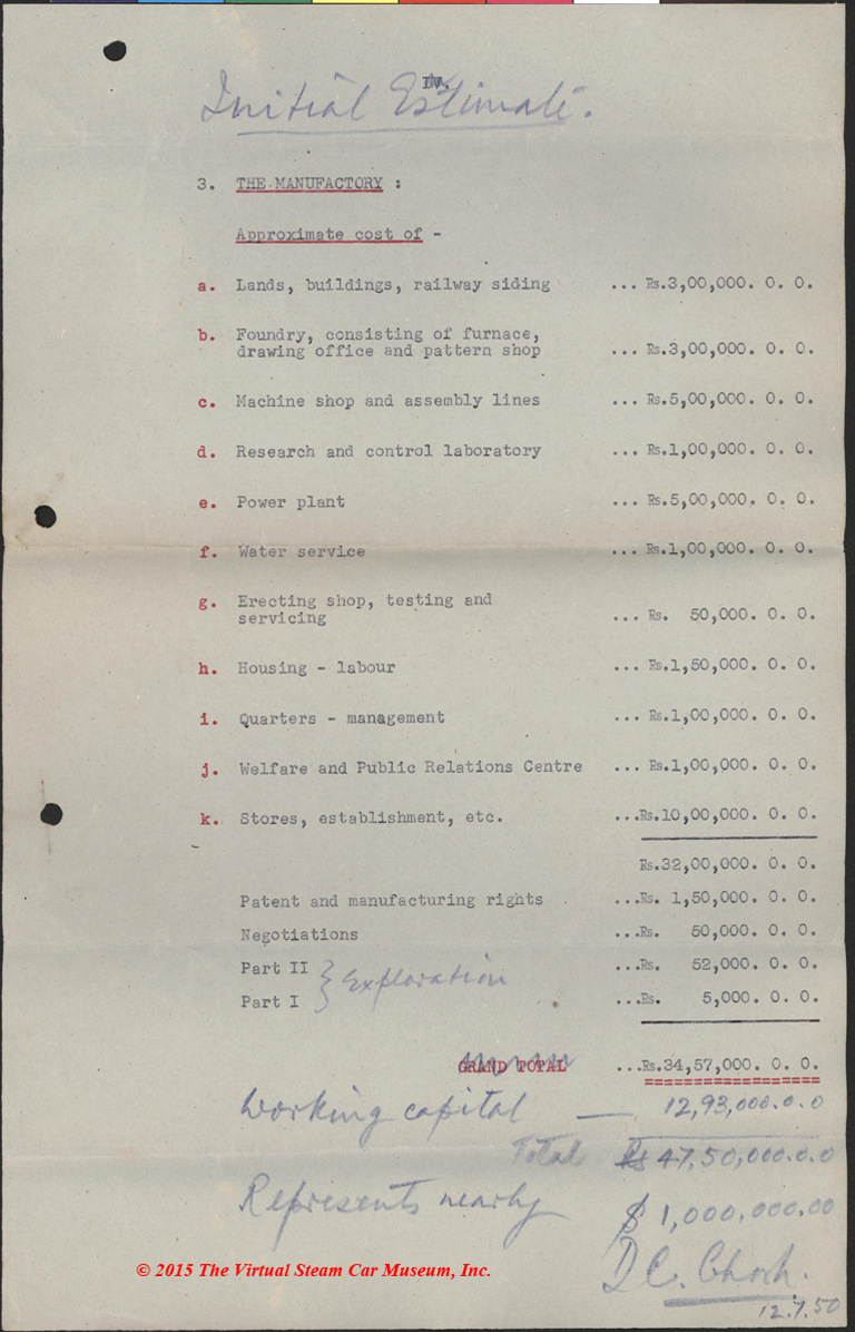 D. C. Ghosh, Initial Estimates of Steam Car Project Costs, Indian Government, July 12, 1950
