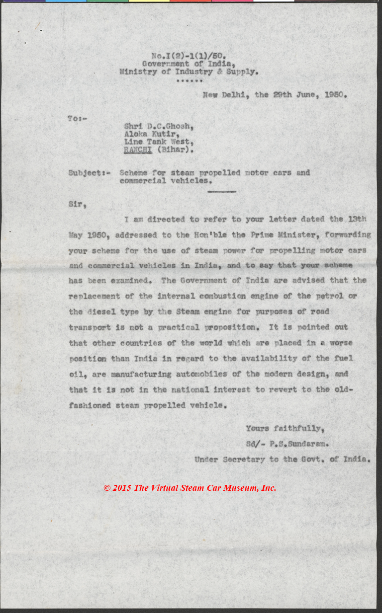 D. C. Ghosh, Initial Estimates of Steam Car Letter to Indian Government, June 19, 1950
