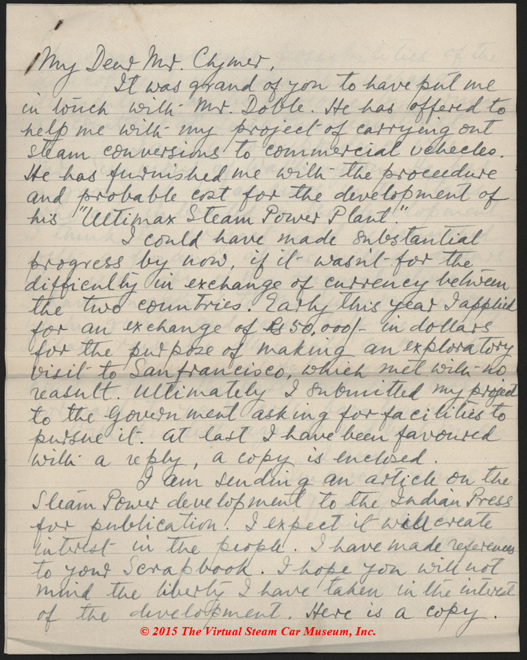 D. C. Ghosh, Letter to Floyd Clymer, July 12, 1950, Steam Cars in India, p. 1