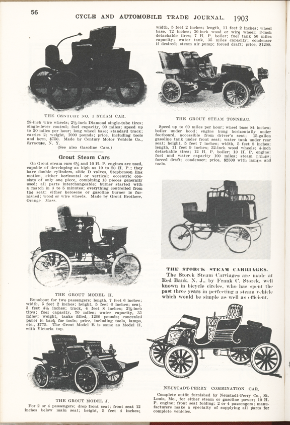 Grout Bros Steam Car article, Cycle and Automobile Trade Journal, 1903, Clymer p. 56.