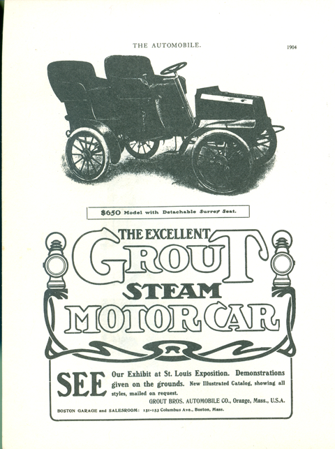 Grout Bros. Automobile Company, The Automobile, 1904 advertisement, Clymer p. 63