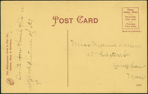 Grout Brothers Automobile Company Factory, Post Card, ca: 1907 - 1909, Reverse.