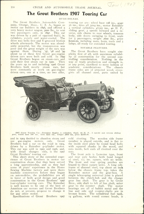 Grout Brothers Automobile Company, Cycle and Automobile Trade Journal, January 1, 1907, p. 110.