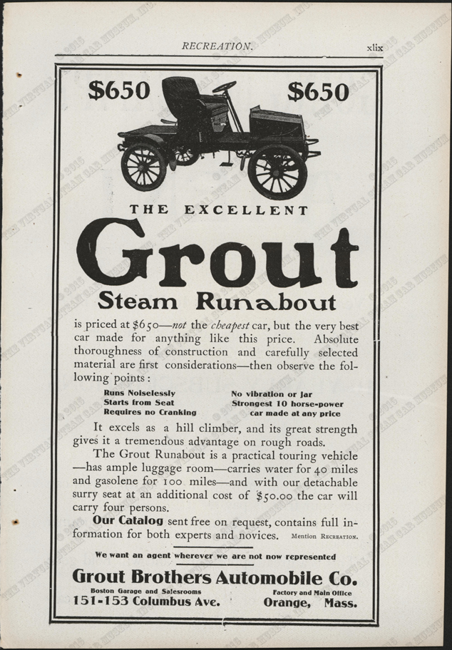 The Grout Brothers Automobile Company magazine advertisement, Recreation Magazine, September 1904, p. xlix