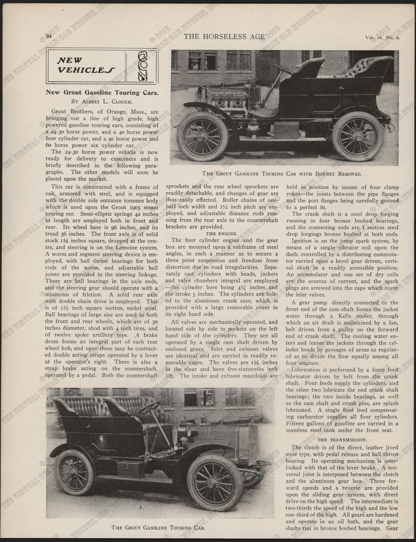 Grout Brothers Automobile Company, Horseless Age, January 12, 1905, Vol. 16, No. 2, P. 94, Conde Collection.