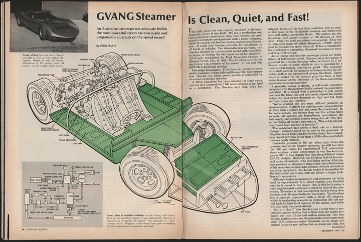 GVANG Steam Car, Gene Van Grecken, Popular Science, December 1972, pp. 56 - 57.