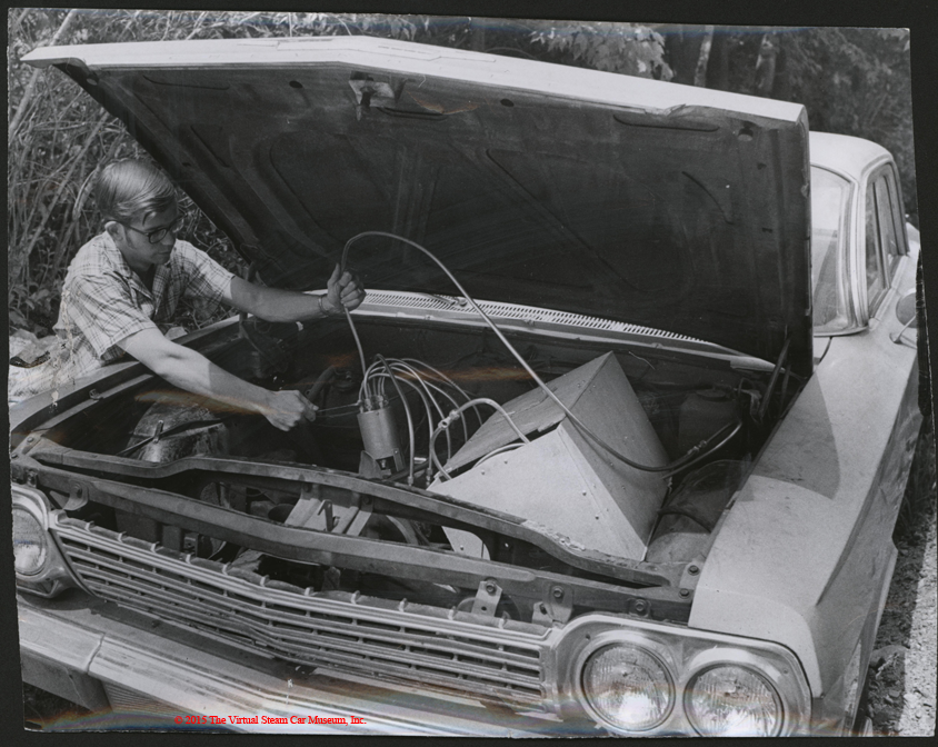 Warren Heath Kerosene-Steam Engine in 1963 Chevrolet, Press Photograph, June 16, 1970, Front