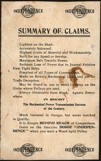 Dodge Manufacturing Company, Mishawaka, IN Trade Card, Reverse