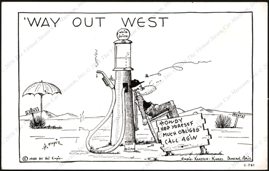 Way Out West 1940 Gasoline Station, Hal Empire, Empire Kartoon Kards, Duncan, Arizona Front