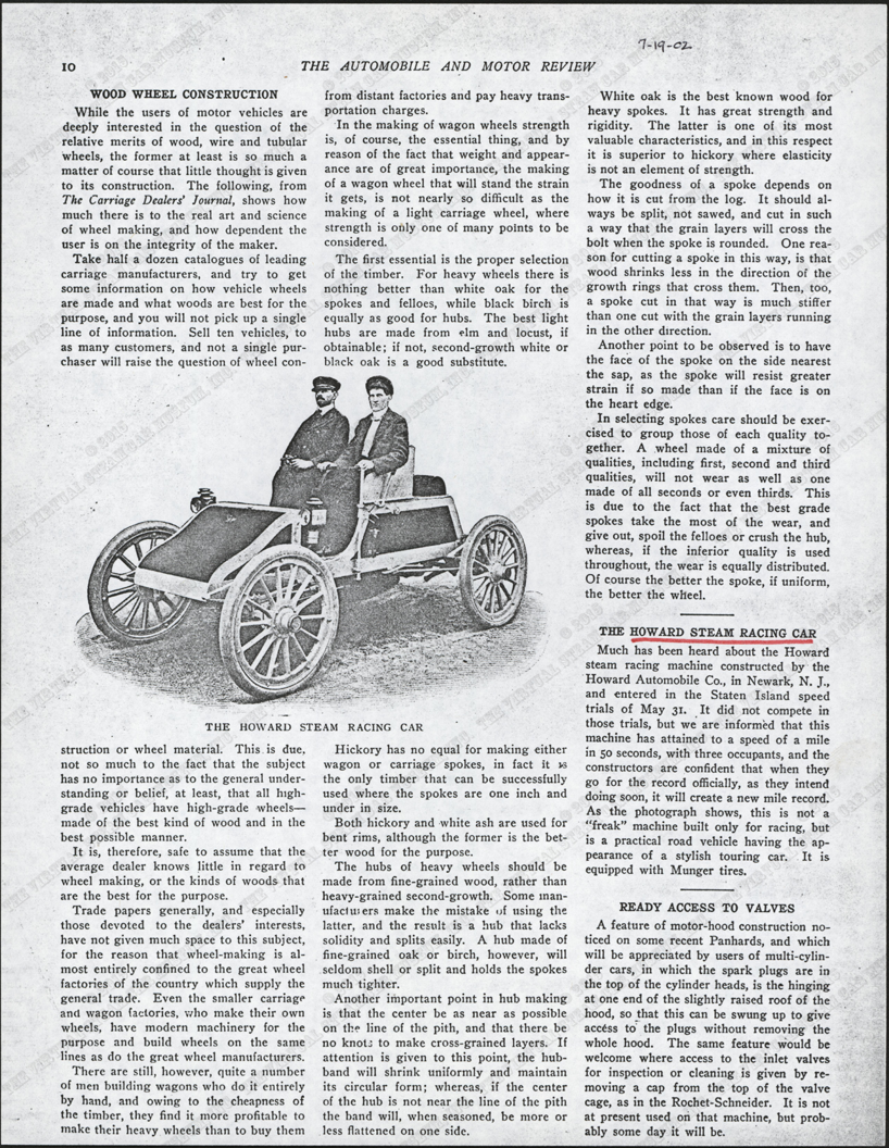 Howard Automobile Company, Howard Steam Racing Car, Automobile and Motor Review Article, P. 10, Photocopy, Conde Collection.