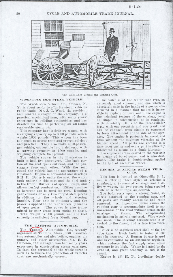 Hughes and Atkins Steam Vehicle, November 1901 Magazine Article, Cycle and Automobile Trade Journal, Photocopy, Conde Collection