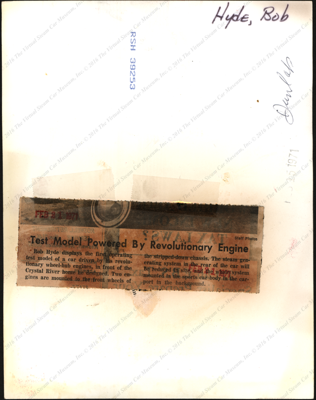 Robert Hyde Steam Car, 1971, Press Photograph, Reverse