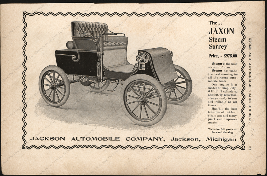 Jackson Automobile Company, Magazine Adverisement, 1903, Cycle and Automobile Trade Journal, Page 113