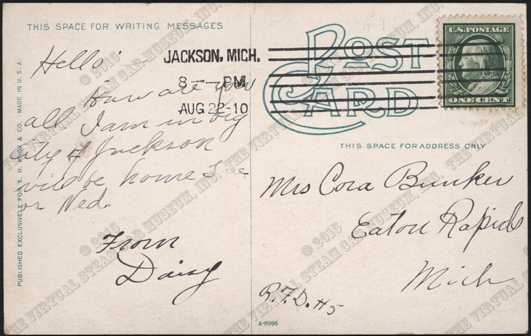 The Jackson Automobile Company factory, postcard, reverse