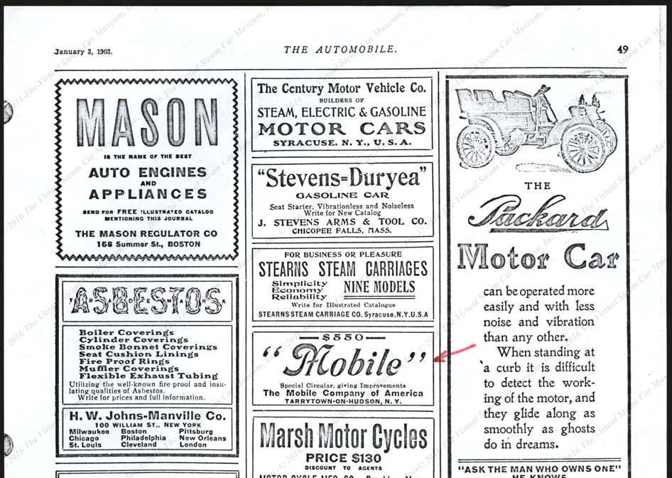 Johns-Manville Company,  Steam Automobile Asbestos Advertisement, January 3, 1903, The Automobile, P. 49