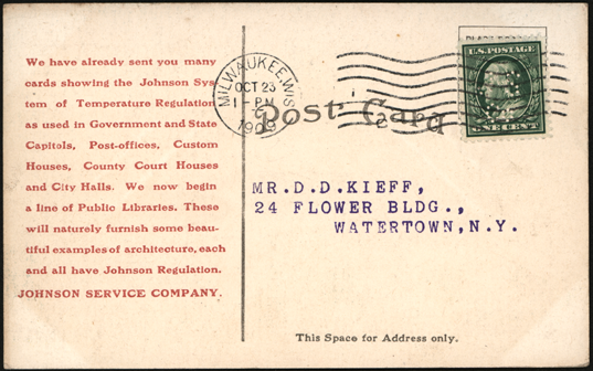 Johnson Service Company, Milwaukee Museum - Library Building, October 23, 1909 advertising postcard reverse.