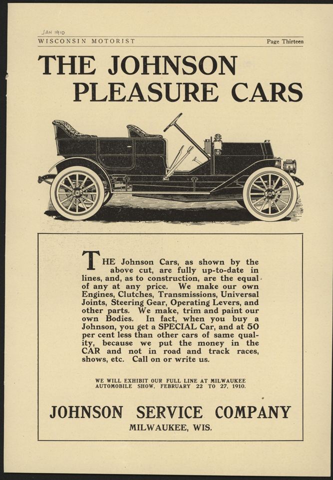 Johnson Service Company, Milwaukee, WI, January 1910 Magazine Advertisement, Wisconsin Motorist, p. 13, Conde Collection.