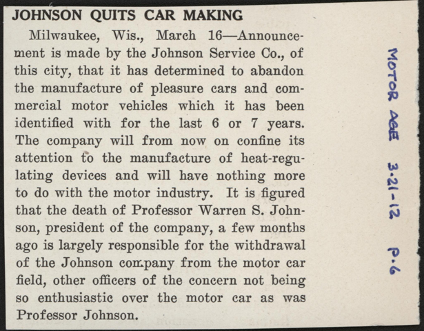 Johnson Service Company, Milwaukee, WI, March 21, 1912, Motor Age Article, p. 6, Conde Collection.