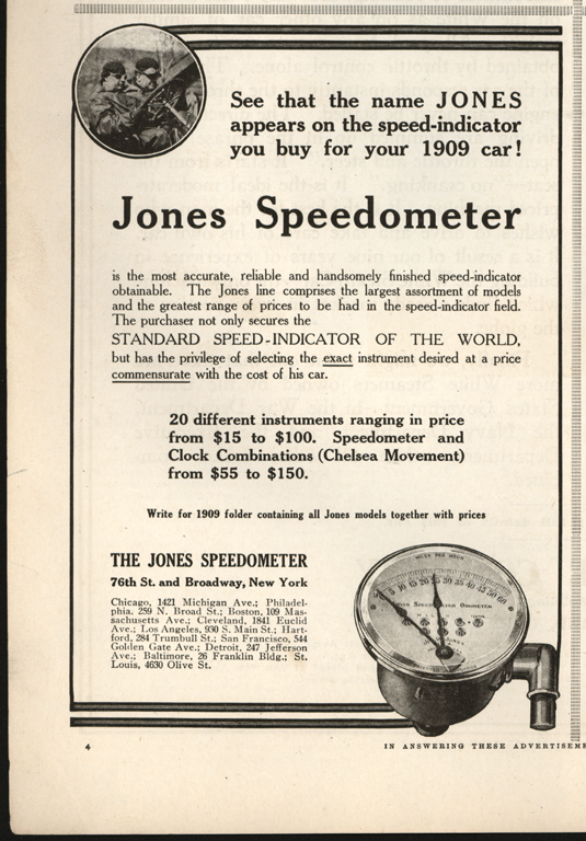 Jones Speedometer Company Magazine Advertisement, Collier's Magazine, 1909, p. 4