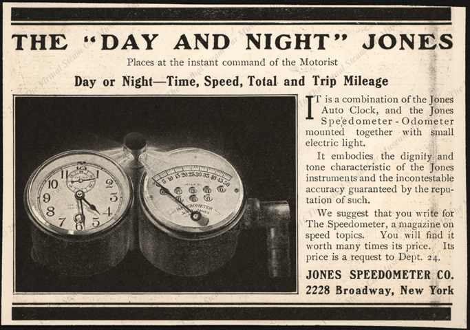 Jones Speedometer Company Magazine Advertisement, 1907, The Day and Night Jones.