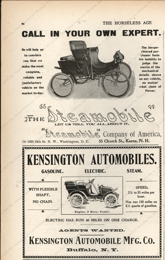 Kensington Automobile Company, Horseless Age Magazine, April 16, 1902, vol. 9, no. 16 Magazine Advertisement, page vi