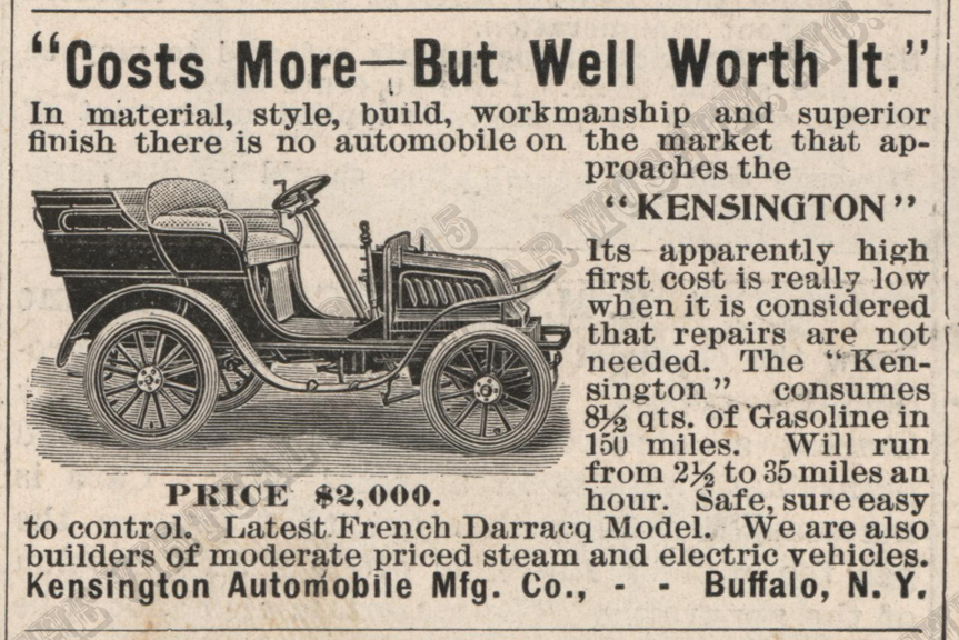 Kensington Automobile Manufacturing Company, Scientific American Magazine Advertisement, May 17, 1902, p. 358.