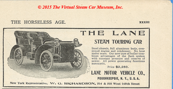 Lane Motor Vehicle Company Magazine Advertisement, January 3, 1906, Horseless Age, W. G. Richardson, New York Agent, p. xxxiii.