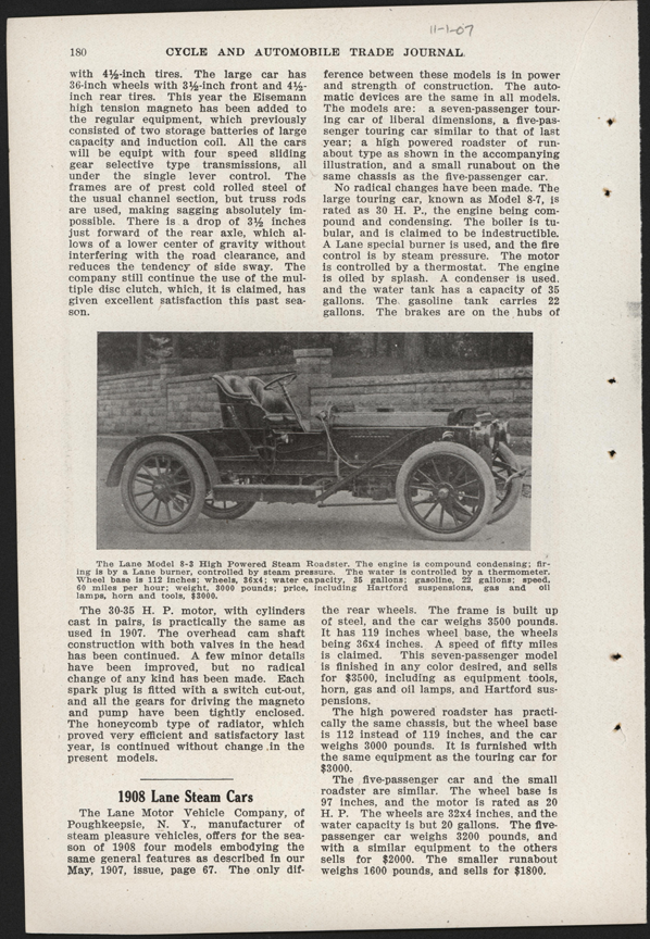 Lane Motor Vehicle Company, November 1907 Magazine Article, Cycle and Autombile Trade Journal, p. 180, Conde Collection